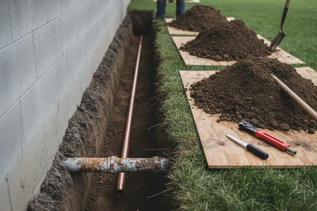 Excavated water line trench during Water Softener Installation in Dresden